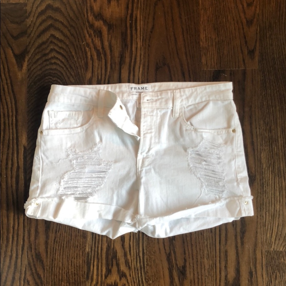 White frame jean shorts with cuffing